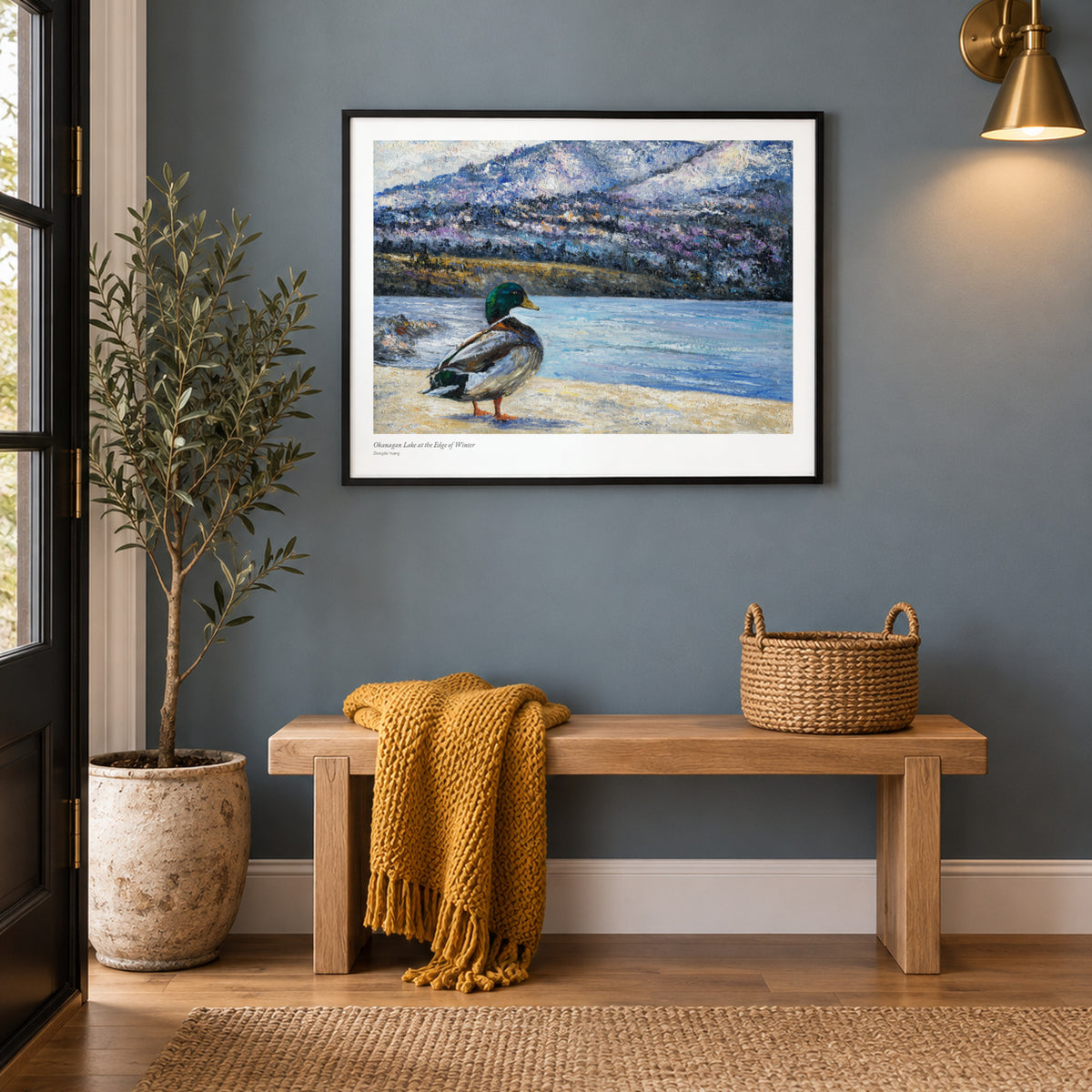 Okanagan Lake at the Edge of Winter studio print, 22 × 17 in, in a black frame in an entryway (frame not included)
