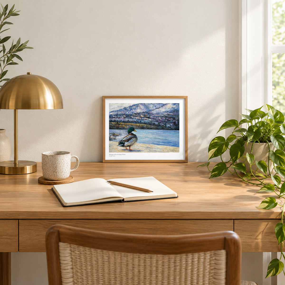 Okanagan Lake at the Edge of Winter studio print, 11 × 8.5 in, in a light oak frame on a desk (frame not included)