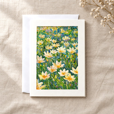 Rain Lilies art card: a folded 5×7 card with the artwork in a centred window, with a white envelope