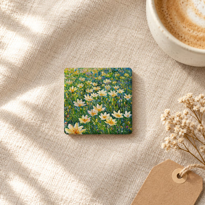 Rain Lilies art magnet on linen with coffee and dried flowers