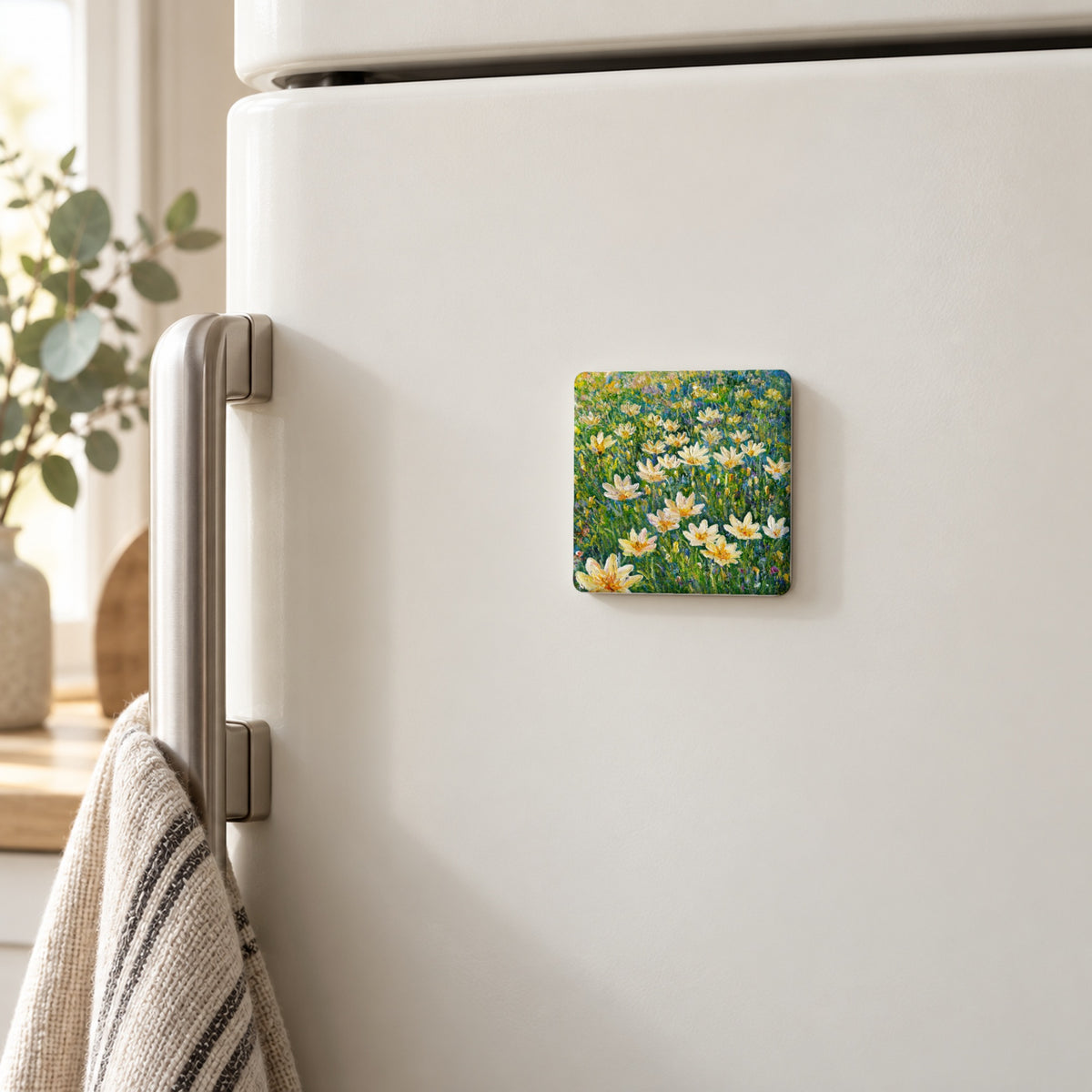 Rain Lilies art magnet on a white fridge door