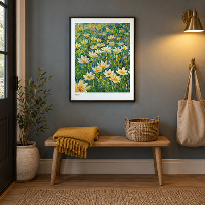 Rain Lilies studio print, 17 × 22 in, in a black frame in an entryway (frame not included)