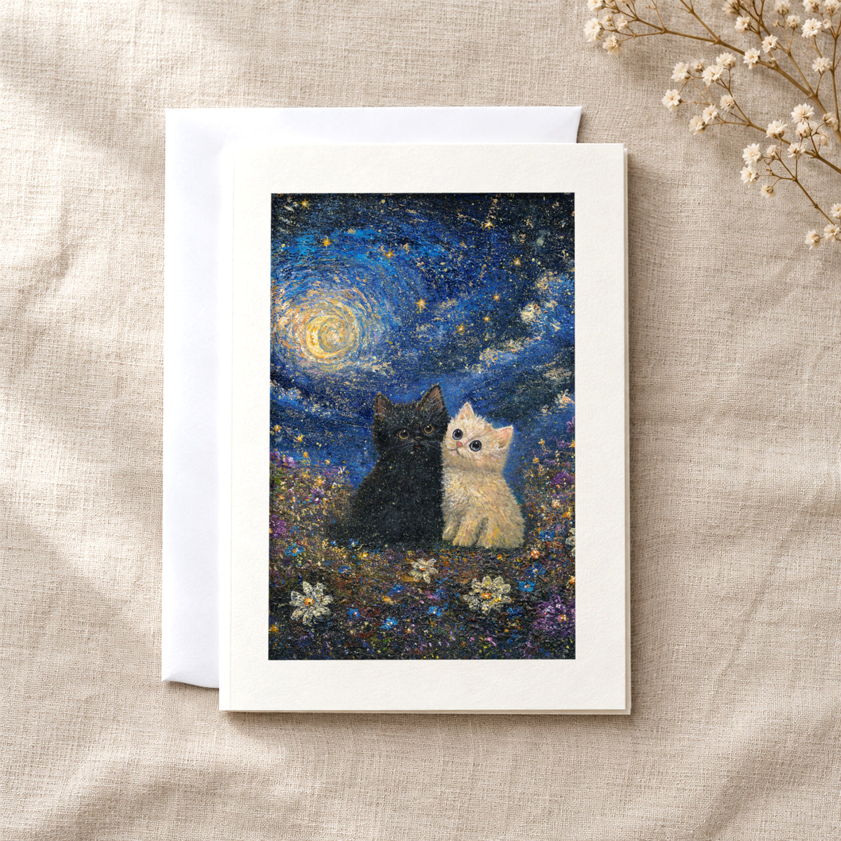 Starry Night art card: a folded 5×7 card with the artwork in a centred window, with a white envelope