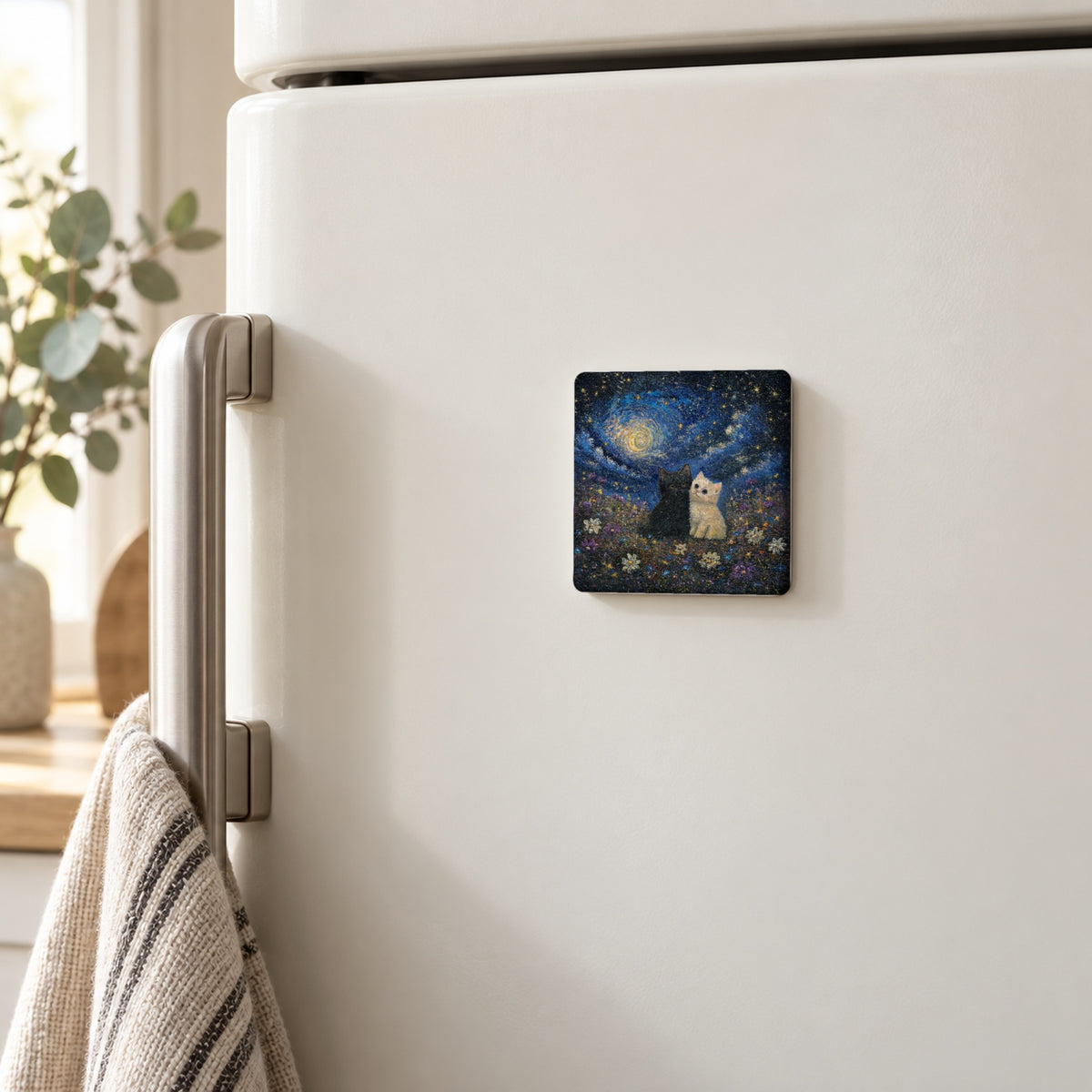 Starry Night art magnet on a white fridge door