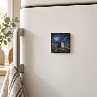 Starry Night art magnet on a white fridge door