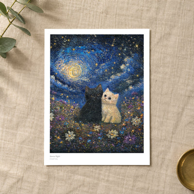 Starry Night studio print with title and signature margin, lying on linen