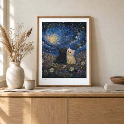 Starry Night studio print, 17 × 22 in, in a light oak frame on a sideboard (frame not included)