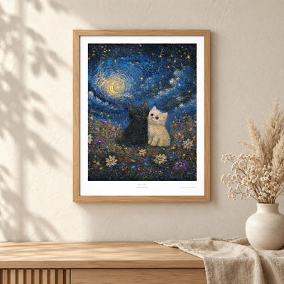 Starry Night art print shown in an oak frame on a wall (frame not included)