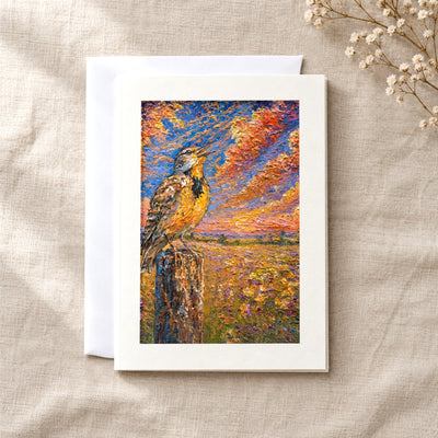 Western Meadowlark art card: a folded 5×7 card with the artwork in a centred window, with a white envelope