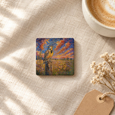 Western Meadowlark art magnet on linen with coffee and dried flowers