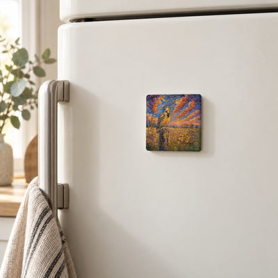 Western Meadowlark art magnet on a white fridge door