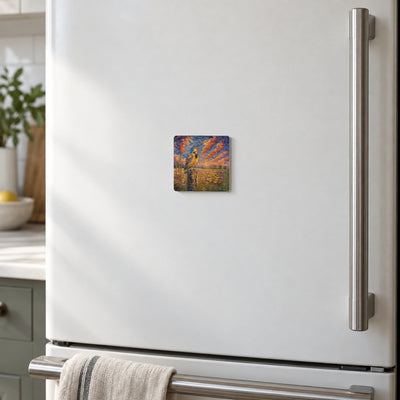 Western Meadowlark art magnet on a warm white fridge door
