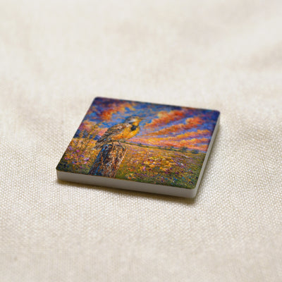 Western Meadowlark art magnet at an angle, showing the stone edge