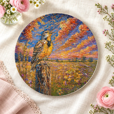 Western Meadowlark 8-inch art plate on linen with fresh flowers