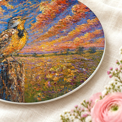 Close-up of the Western Meadowlark 8-inch art plate, printed edge to edge