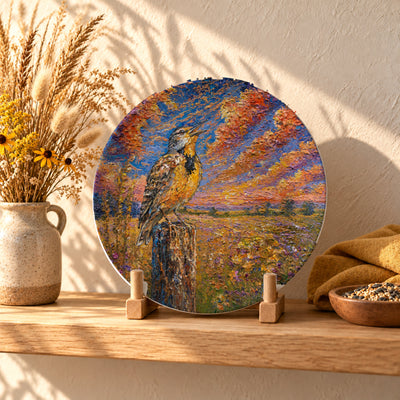 Western Meadowlark 8-inch art plate on a wooden stand on an oak shelf
