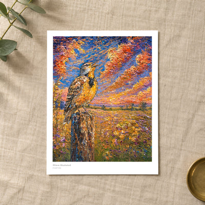 Western Meadowlark studio print with title and signature margin, lying on linen