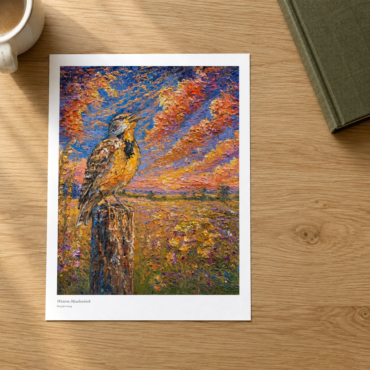 Western Meadowlark studio print on a light oak desk