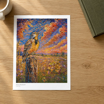 Western Meadowlark studio print on a light oak desk