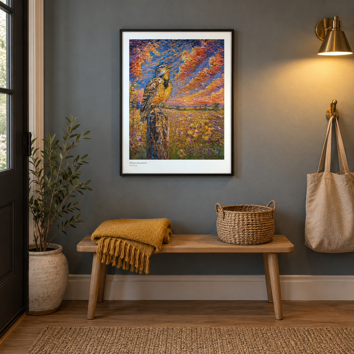 Western Meadowlark studio print, 17 × 22 in, in a black frame in an entryway (frame not included)