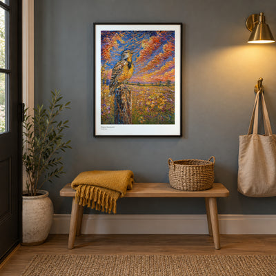 Western Meadowlark studio print, 17 × 22 in, in a black frame in an entryway (frame not included)