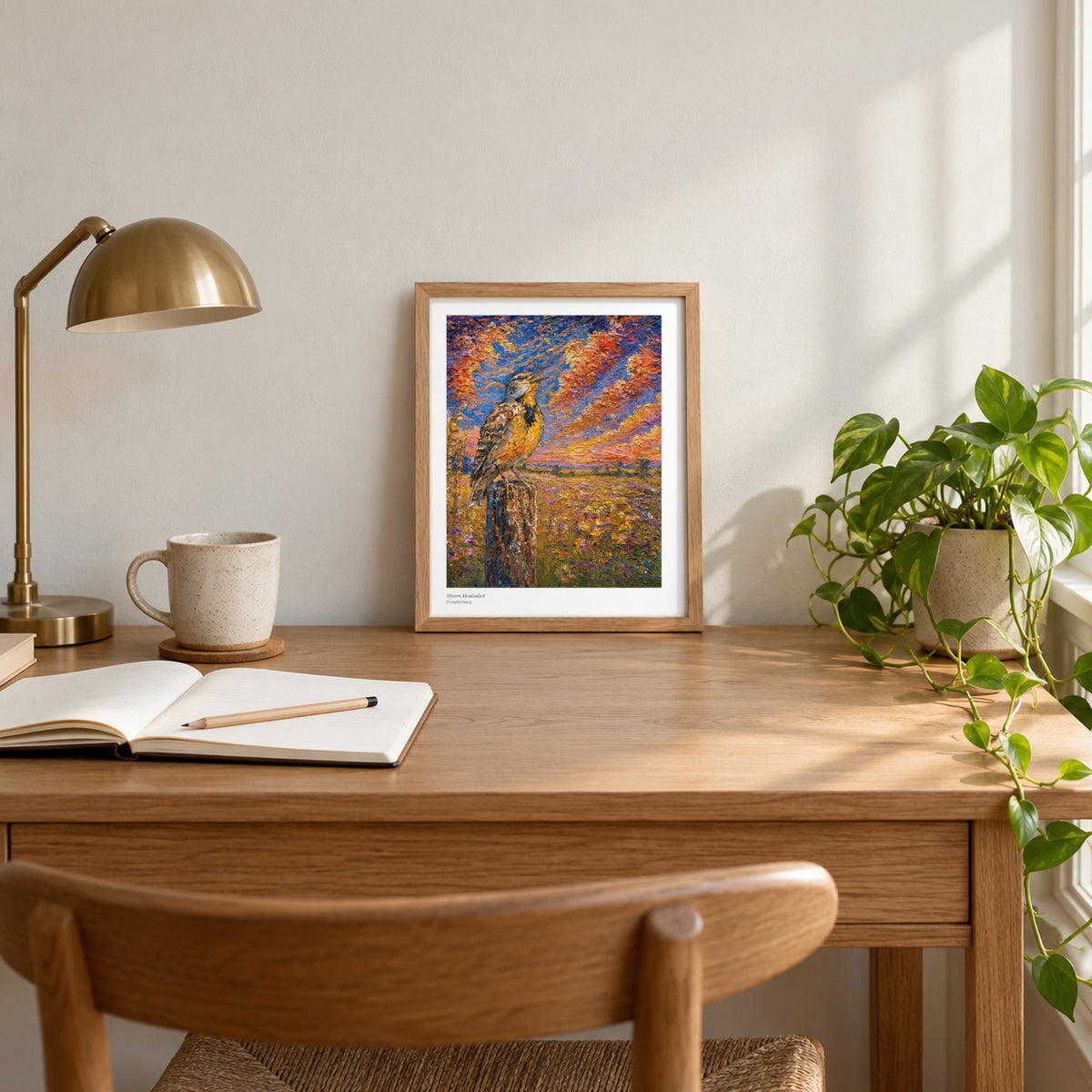 Western Meadowlark studio print, 8.5 × 11 in, in a light oak frame on a desk (frame not included)