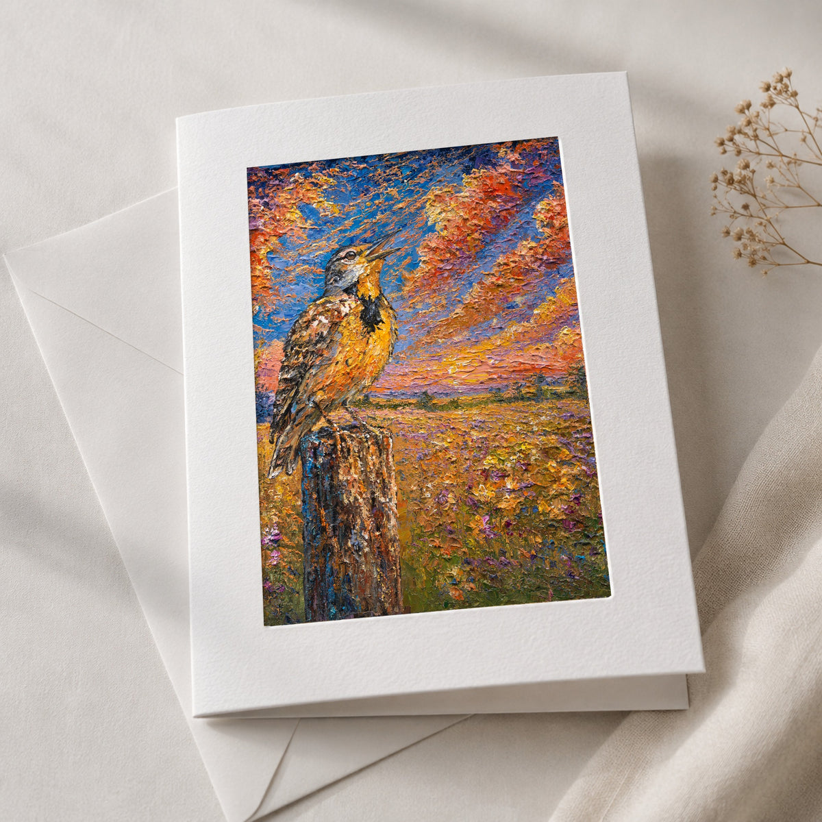 Western Meadowlark art card in an acid-free 5×7 mat with envelope