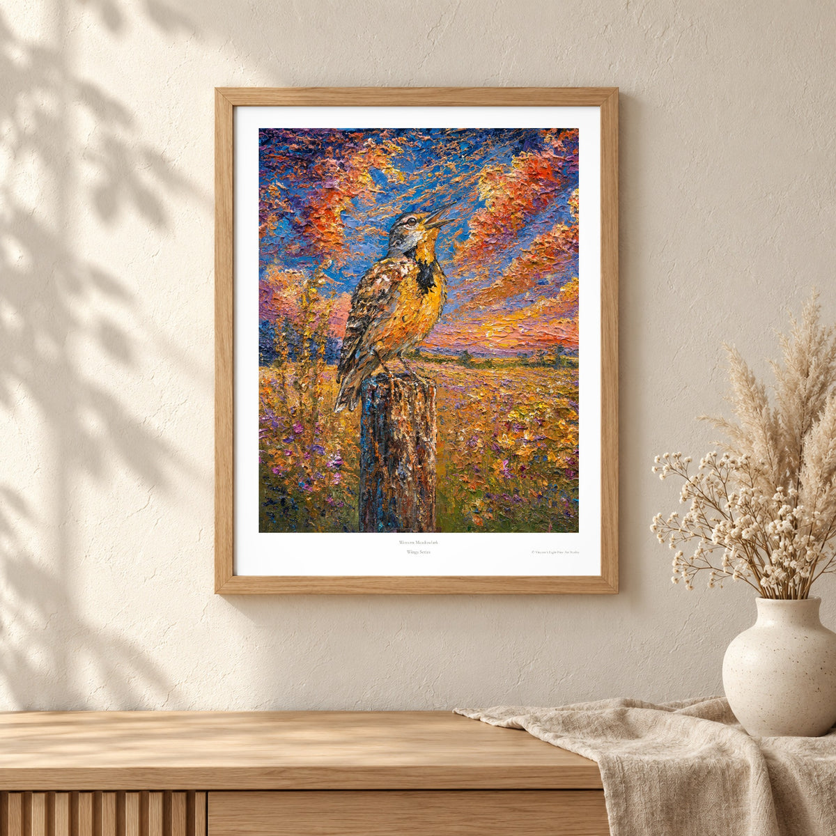 Western Meadowlark art print shown in an oak frame on a wall (frame not included)