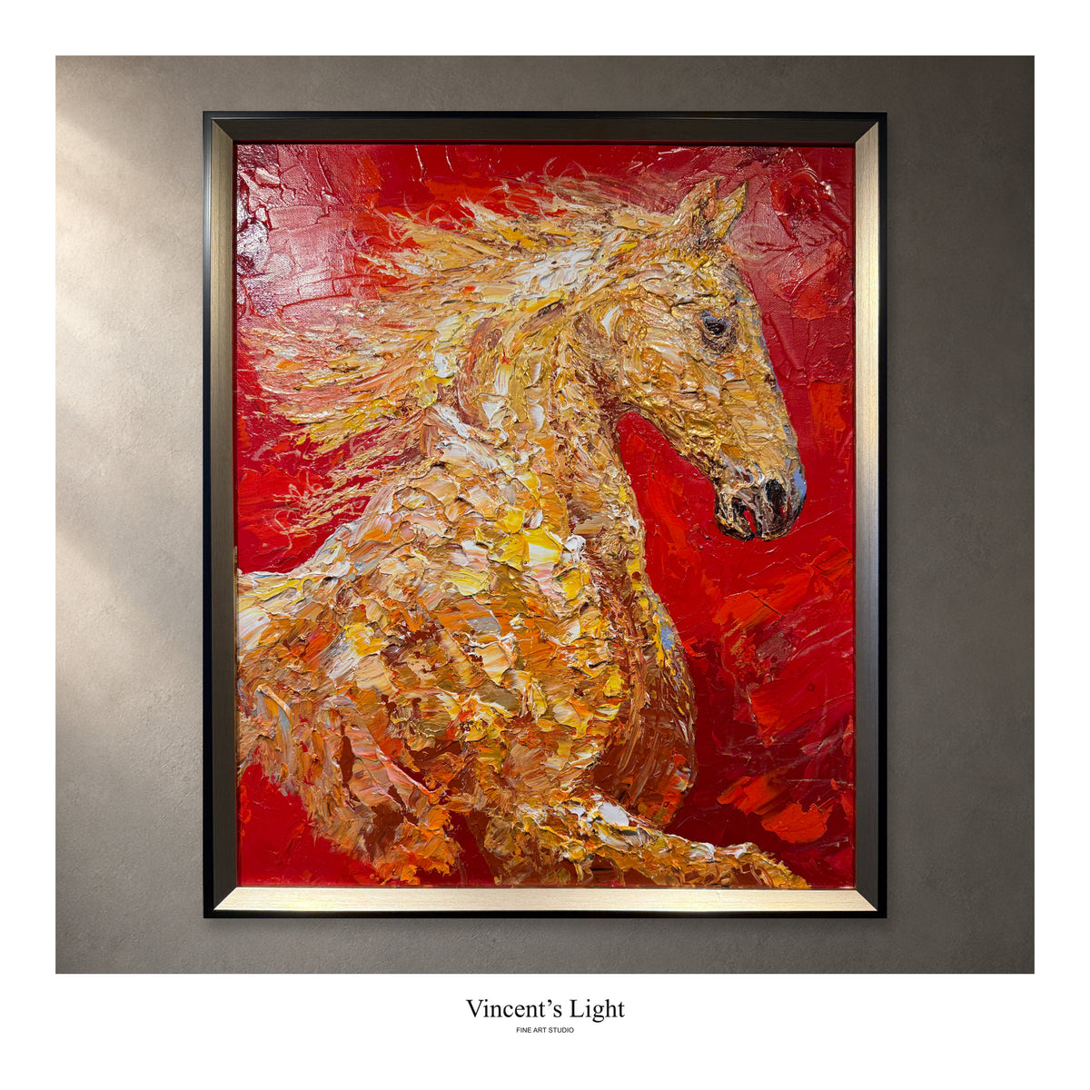Blazing Spirit by Yingzhi Chen, original acrylic painting in a slim black and gold frame, presented against a styled gallery wall.