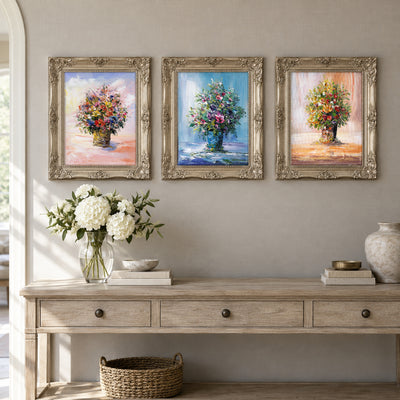 Blooming Light I, Blooming Light V, Blooming Light IX from Blooming Light Collection I by Yingzhi Chen, hung together on a wall
