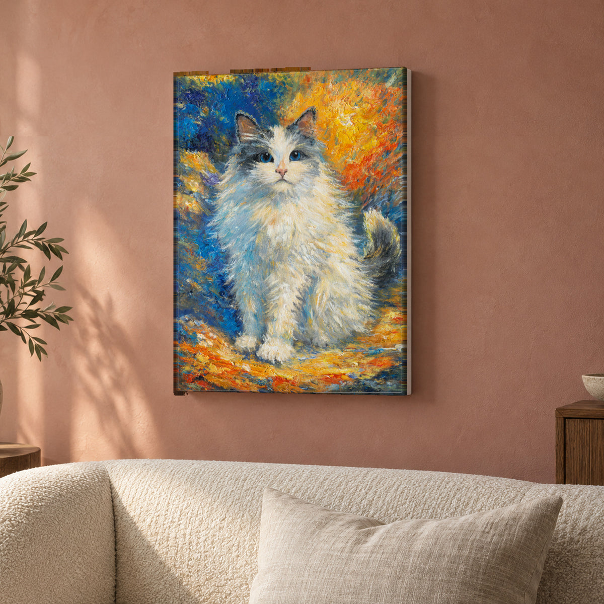 Bunbun by Zhongda Huang hanging on a dusty rose plaster wall above a cream bouclé sofa back with a linen cushion