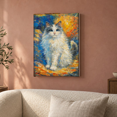 Bunbun by Zhongda Huang hanging on a dusty rose plaster wall above a cream bouclé sofa back with a linen cushion