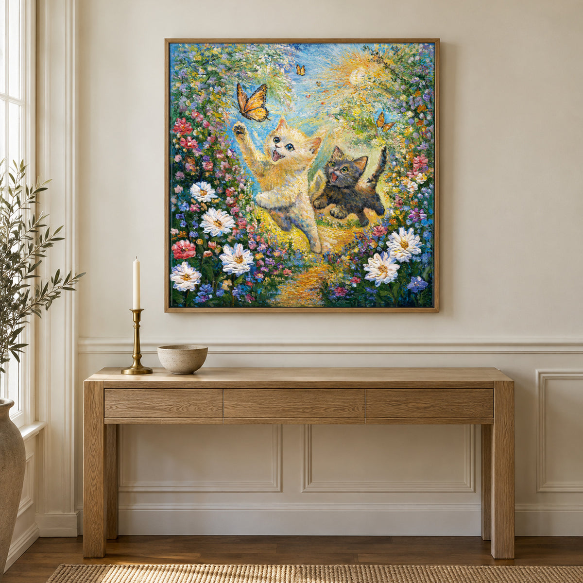 Chasing Butterflies by Zhongda Huang hanging on a creamy ivory wainscoting wall with white panelling below above a white-oak console with a brass candlestick and a small bowl