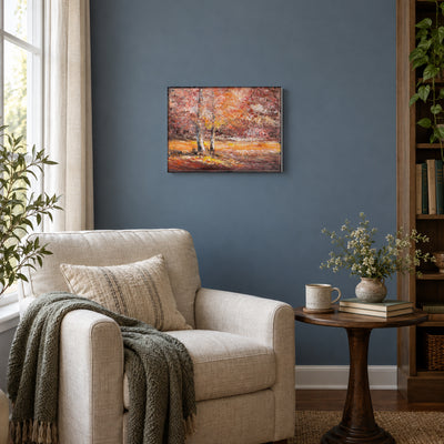 Ember Forest by Yingzhi Chen hanging on a muted slate-blue painted wall above a reading corner with a linen armchair and a small round side table