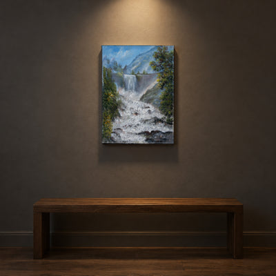 Falling Water by Yingzhi Chen hanging on a deep olive green limewash wall above a cognac leather armchair