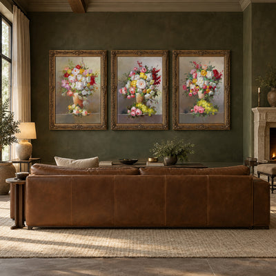 Gathered Grace I, Gathered Grace II, Gathered Grace III from Gathered Grace Collection I by Yingzhi Chen, hung together on a wall