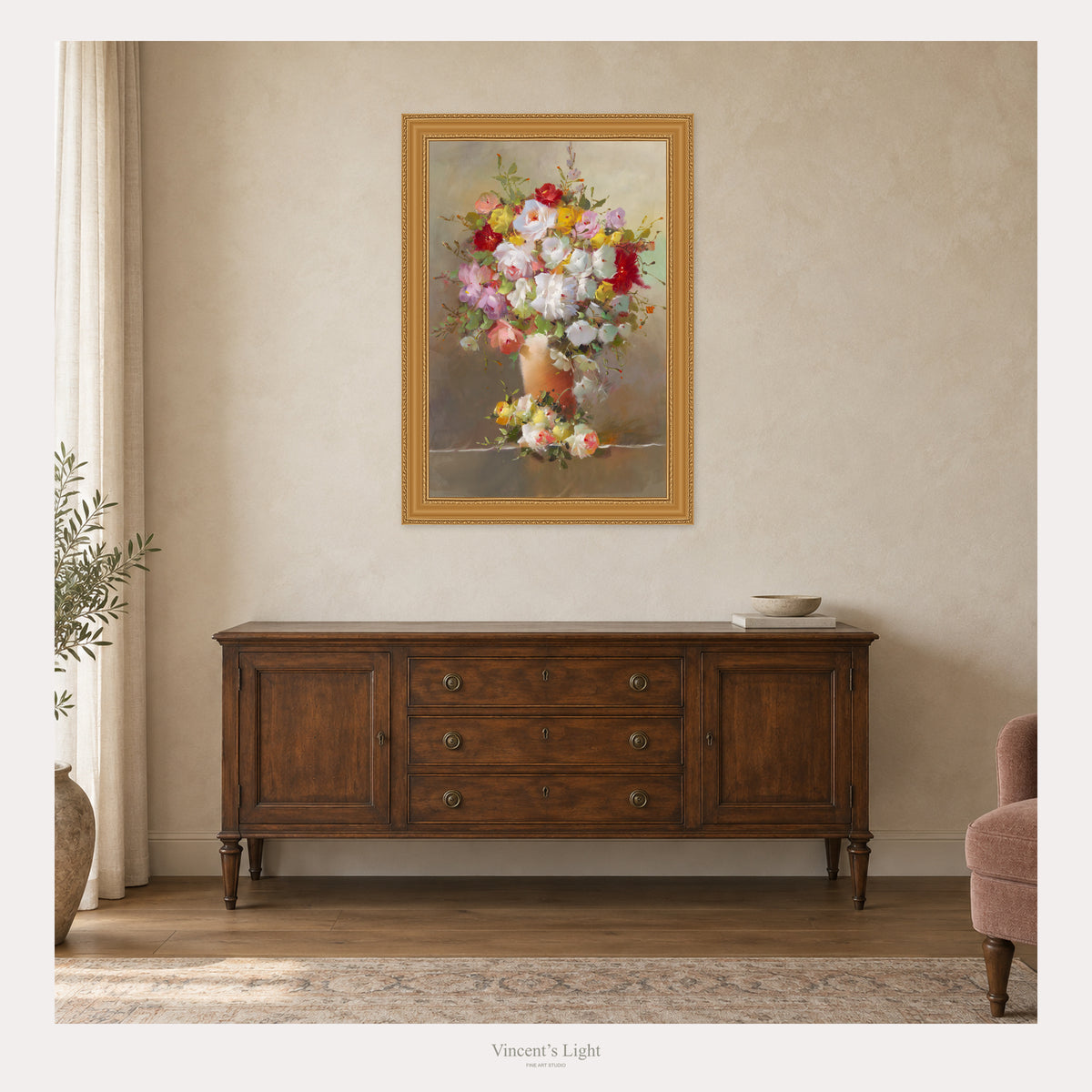 Gathered Grace I by Yingzhi Chen — framed-room visualization with antique bronze gold frame