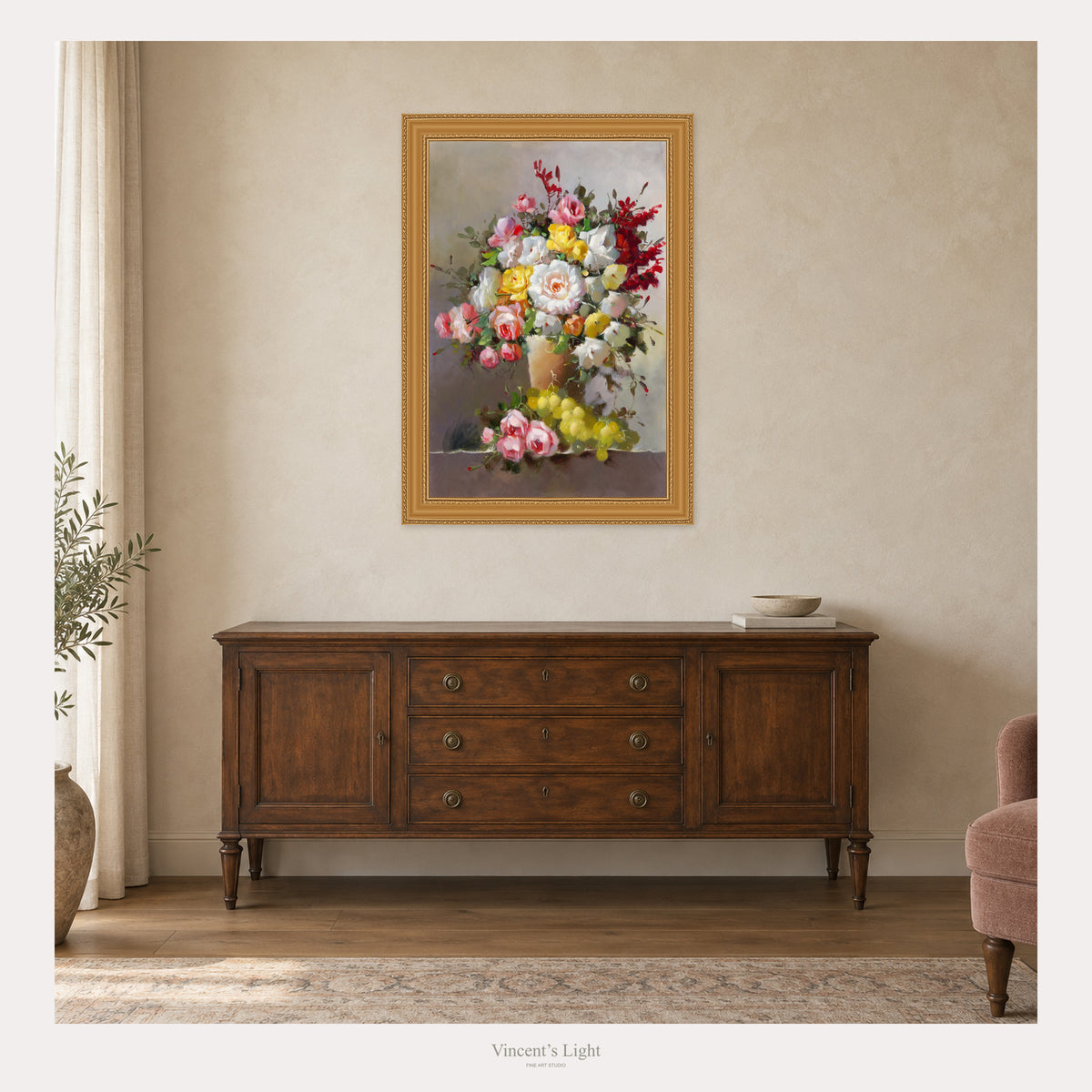 Gathered Grace II by Yingzhi Chen — framed-room visualization with antique bronze gold frame