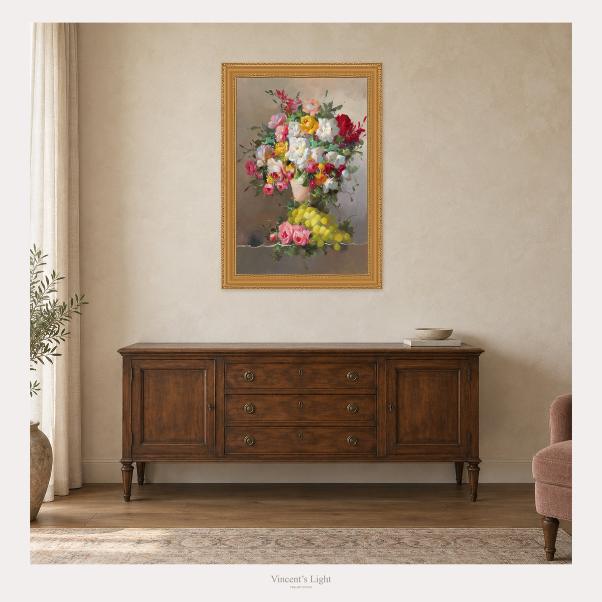 Gathered Grace III by Yingzhi Chen — framed-room visualization with antique bronze gold frame