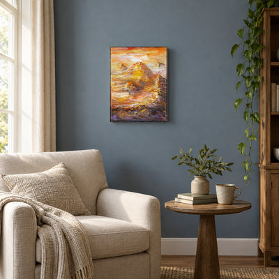 Golden Ridge by Yingzhi Chen hanging on a muted slate-blue painted wall above a reading corner with a linen armchair and a small round side table