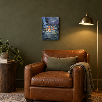 Koi Study by Yingzhi Chen hanging on a deep olive green limewash wall above a cognac leather armchair