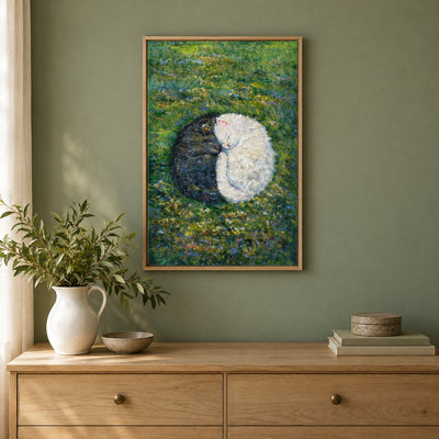 Little Hearts in the Meadow II by Zhongda Huang hanging on a sage green painted wall above a pale oak dresser with a white ceramic jug of fresh greenery