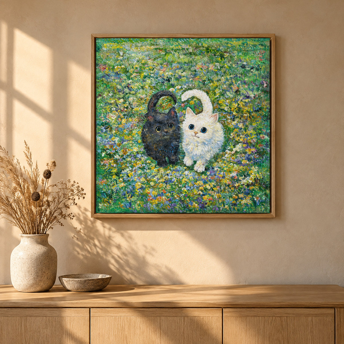Little Hearts in the Meadow by Zhongda Huang hanging on a warm sand plaster wall above a light oak sideboard with a stoneware vase of dried grasses