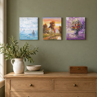 Wave I, Cottage by the Water I, Bouquet I from Little Origins Collection I by Yingzhi Chen, hung together on a wall