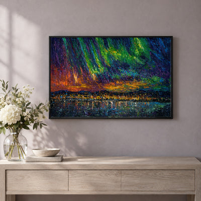 Okanagan Lake Beneath the Aurora by Zhongda Huang hanging on a soft lavender-grey plaster wall above a whitewashed oak console with a glass vase of white flowers