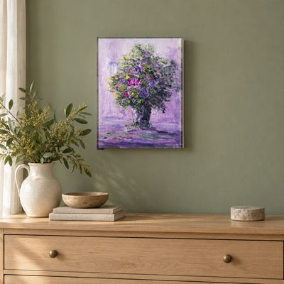 Purple Bouquet by Yingzhi Chen hanging on a sage green painted wall above a pale oak dresser with a white ceramic jug of fresh greenery