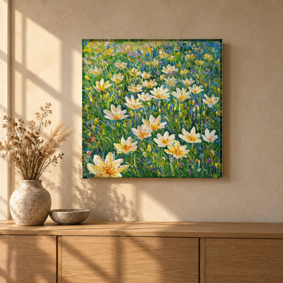Rain Lilies by Zhongda Huang hanging on a warm sand plaster wall above a light oak sideboard with a stoneware vase of dried grasses