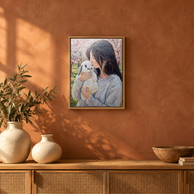 Robin Hood by Zhongda Huang hanging on a terracotta clay limewash wall above a low rattan console with two cream ceramic vases