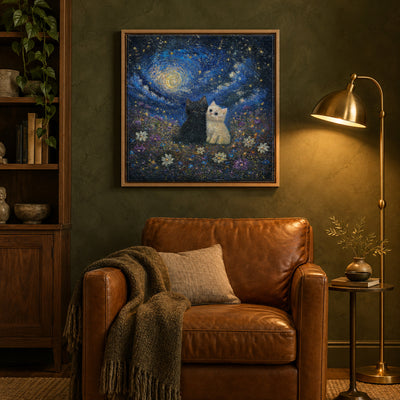 Starry Night by Zhongda Huang hanging on a deep olive green limewash wall above a cognac leather armchair