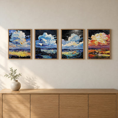 The Black Cloud I, II, III and IV by Yingzhi Chen, hung together in natural wood frames on a wall